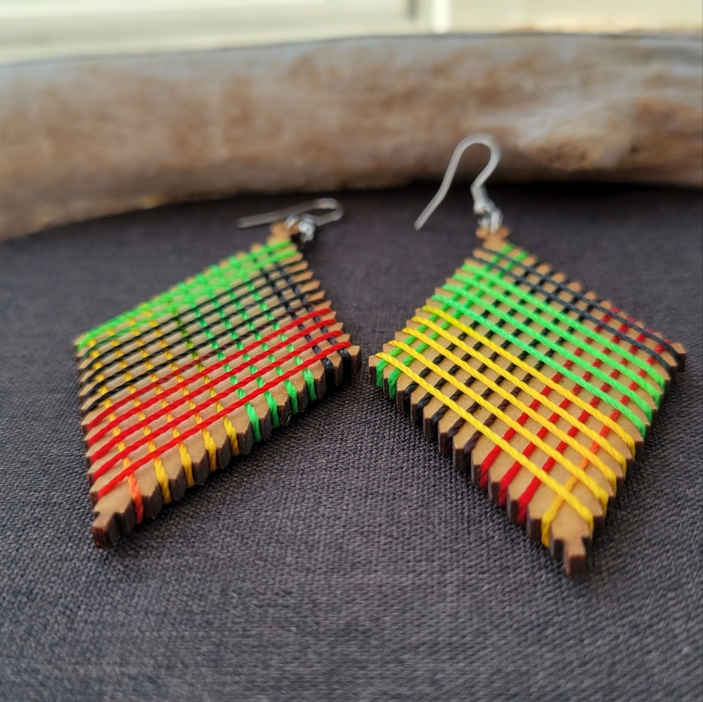 Handmade Multicolor Geometric Wooden Earrings - Picture 3 of 7
